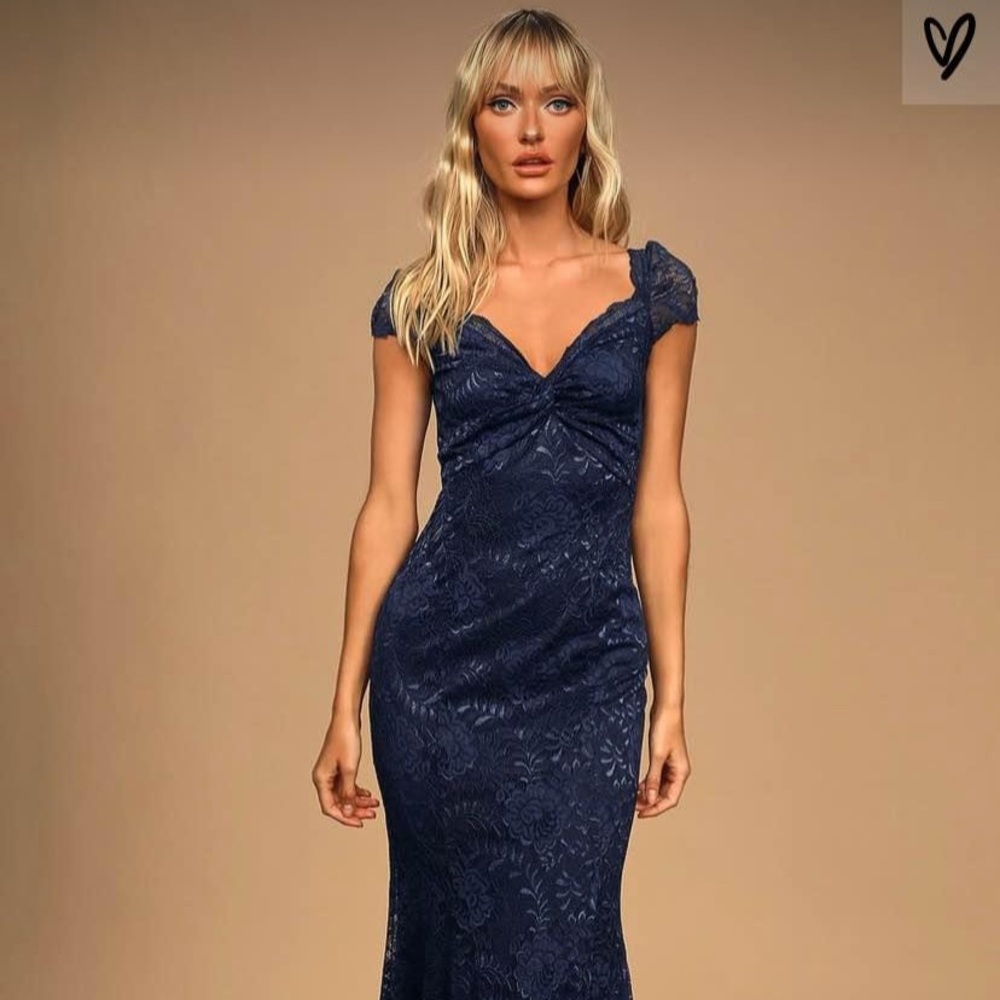 Lulu's floor length navy blue lace dress
